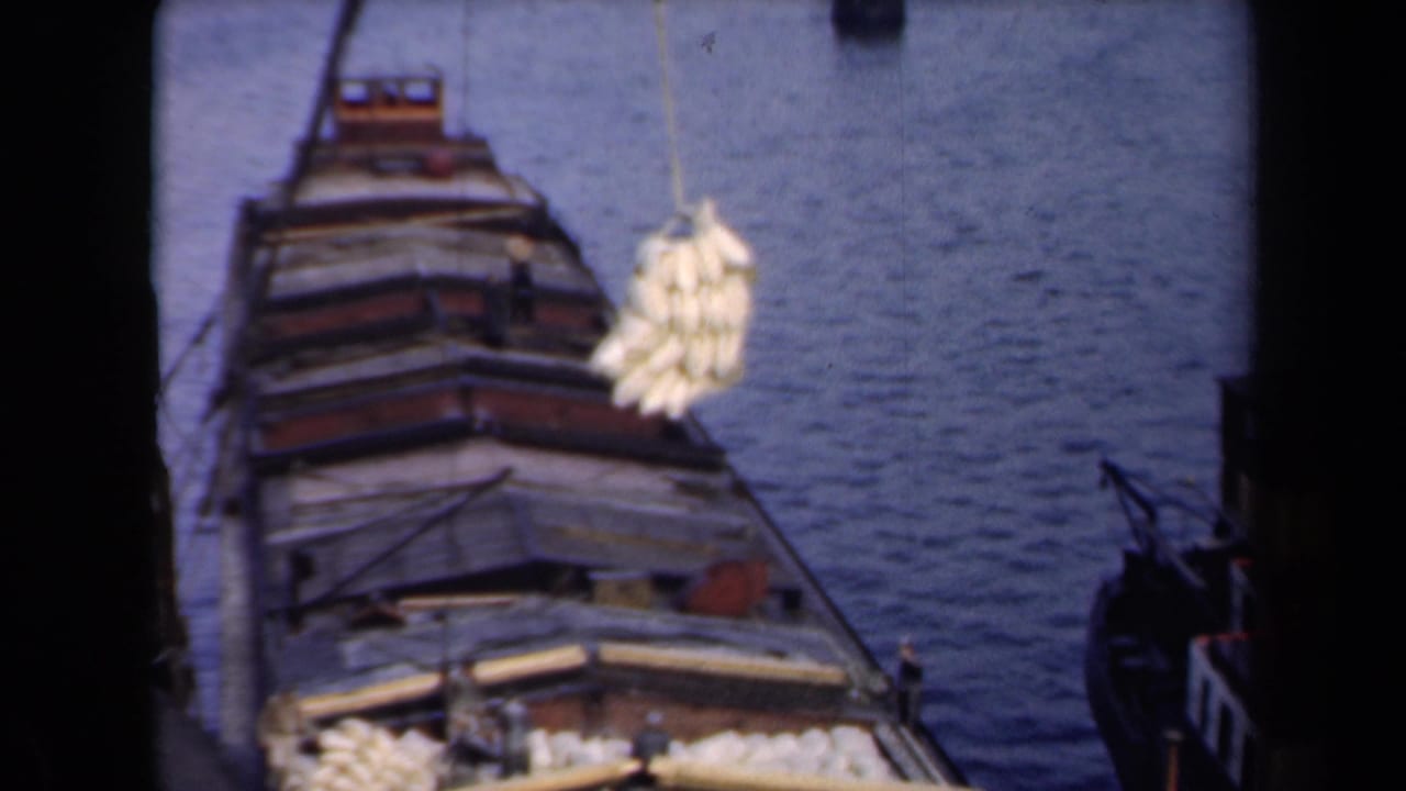 Yellow cargo bundle hangs over a vessel moored on calm water.