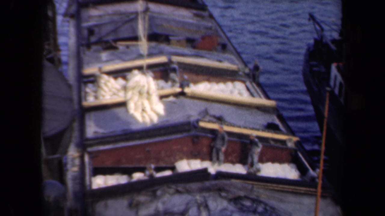 1946 Netherlands 8mm frame showing men on a wooden barge handling pale sacks beside calm water and dark dock edges.