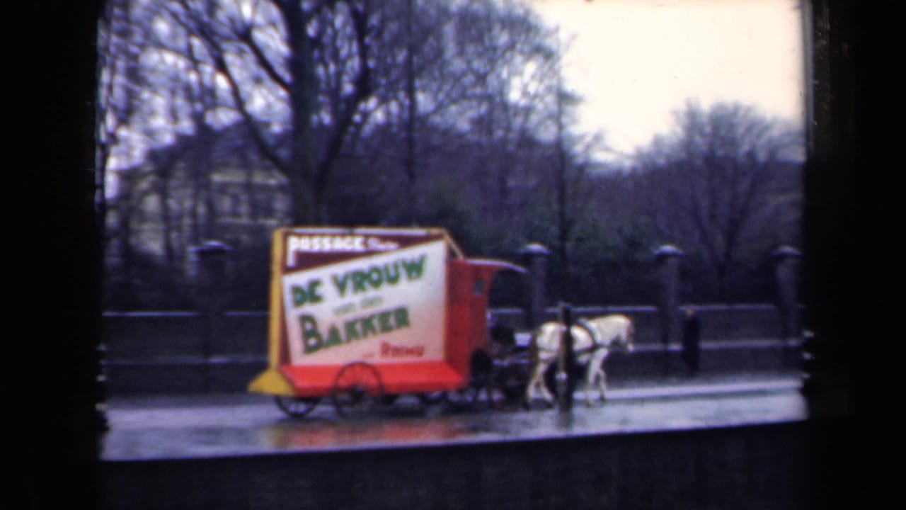 1946 Netherlands street view with a horse-drawn advertising cart, wet pavement, bare trees, and an older car nearby.