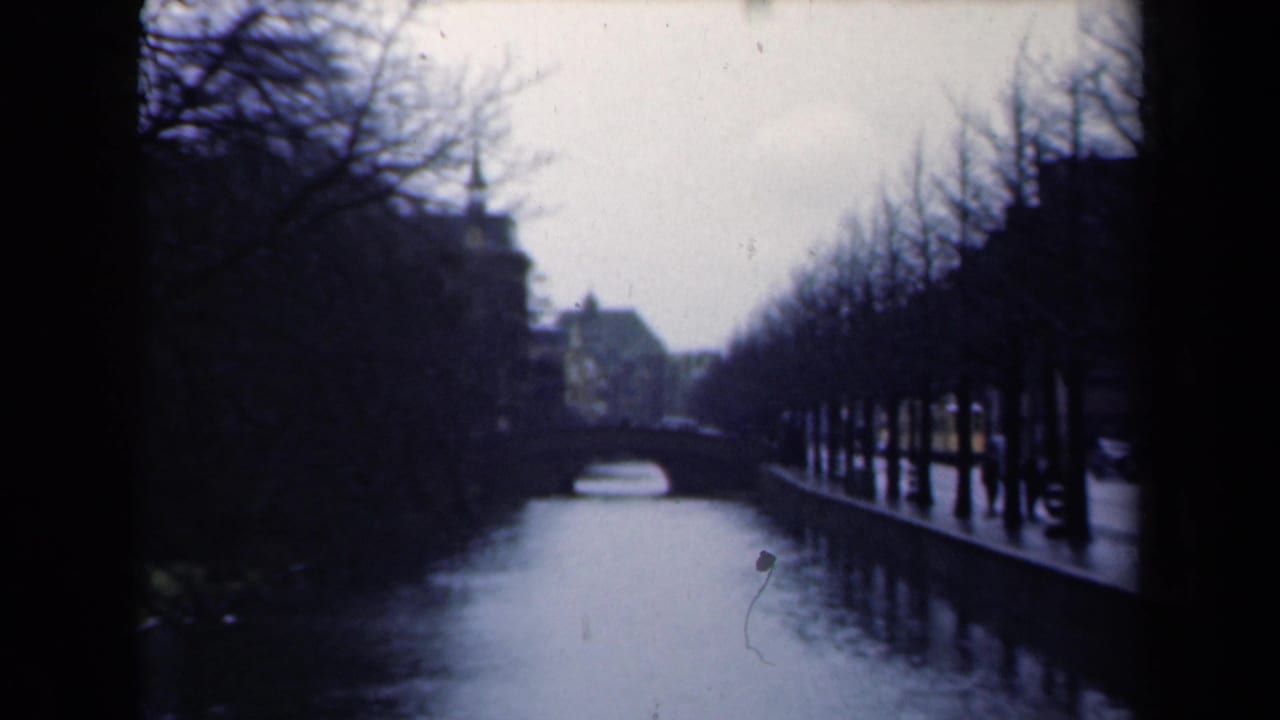 1946 Netherlands home-movie frame showing a canal near the Peace Palace area, bare trees, waterside buildings, and a distant bridge.