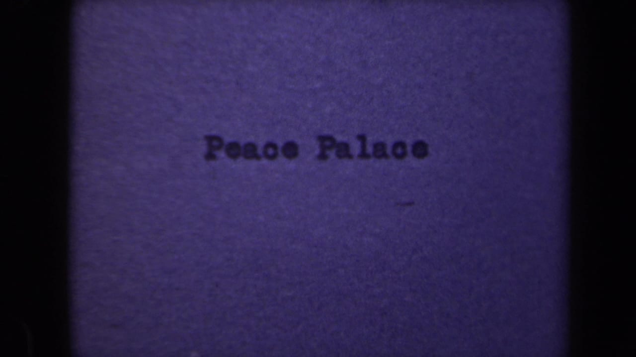 Typed Peace Palace title repeated on a blue-purple film frame.