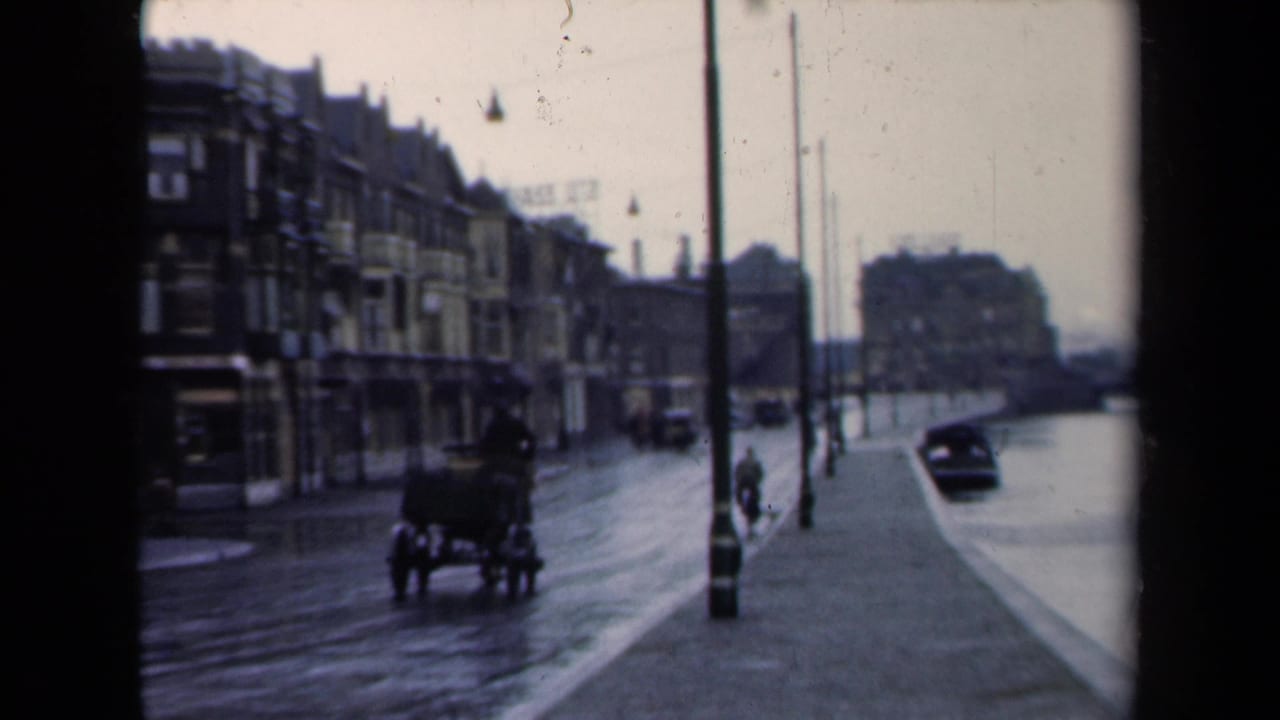 Horse-drawn carriage and small traffic on a wet street beside older buildings.