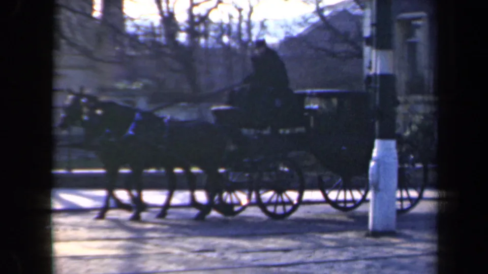 Close 1946 Netherlands 8mm view of a horse and covered carriage passing a building facade on a cobblestone street.