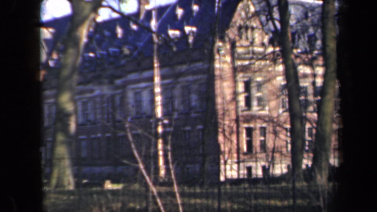 Historic-looking building exterior seen through dark foreground trees.