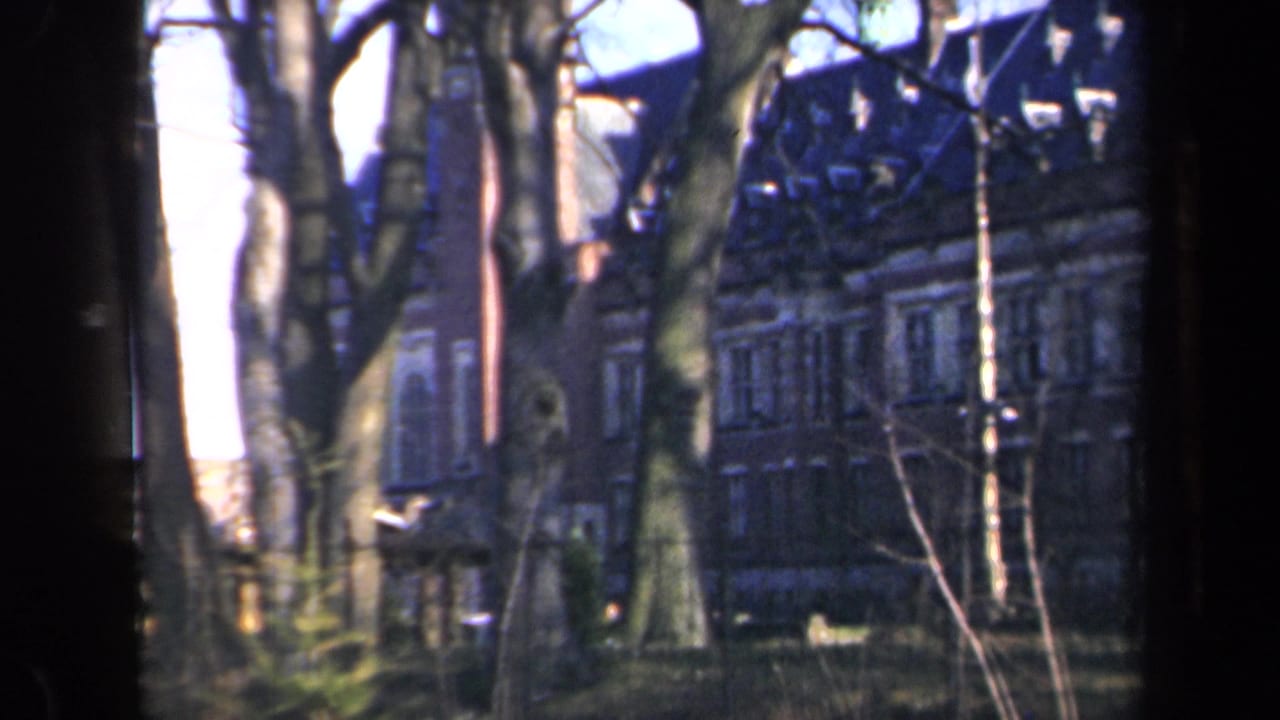1946 Netherlands home-movie frame showing a large brick mansion partly obscured by leafless trees and soft winter light.
