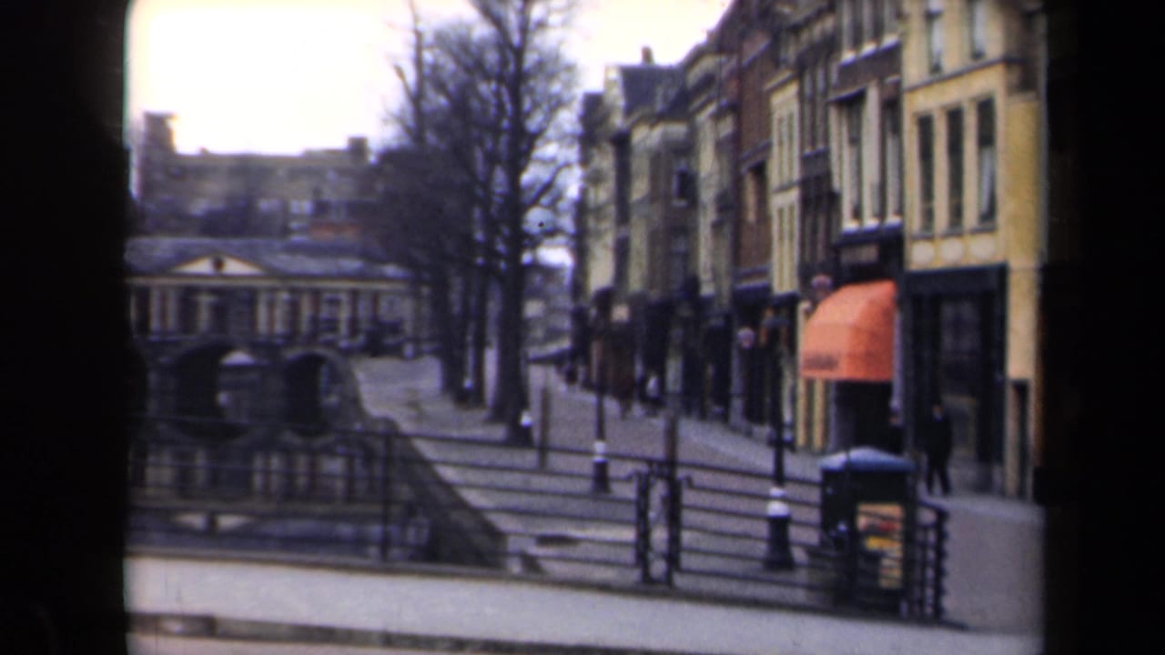 1946 Netherlands street view with canal railings, steps, bare trees, shopfronts, a dark sign, and distant passersby.