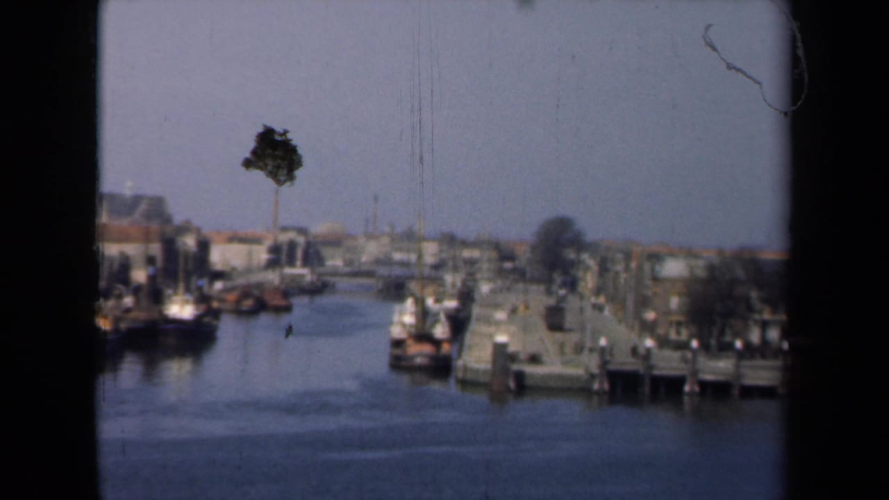 Canal basin with boats, quayside buildings, a tree, and distant town structures.