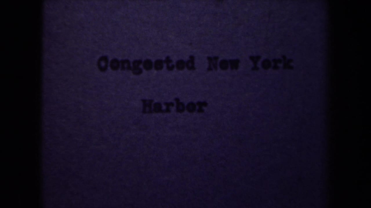 Purple title card with typed words reading Congested New York Harbor.