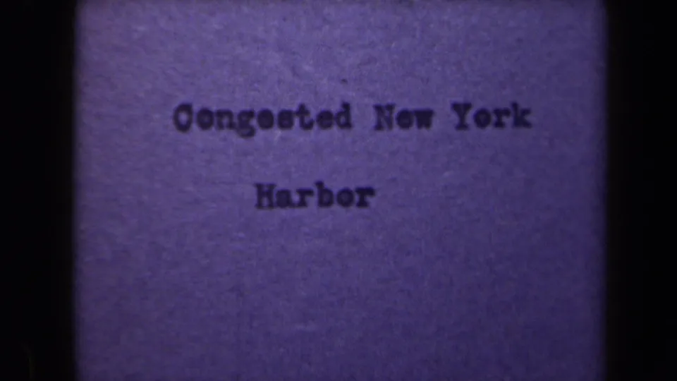 Final visible title-card frame reading Congested New York Harbor, with soft focus, purple paper texture, and dark 8mm frame border.