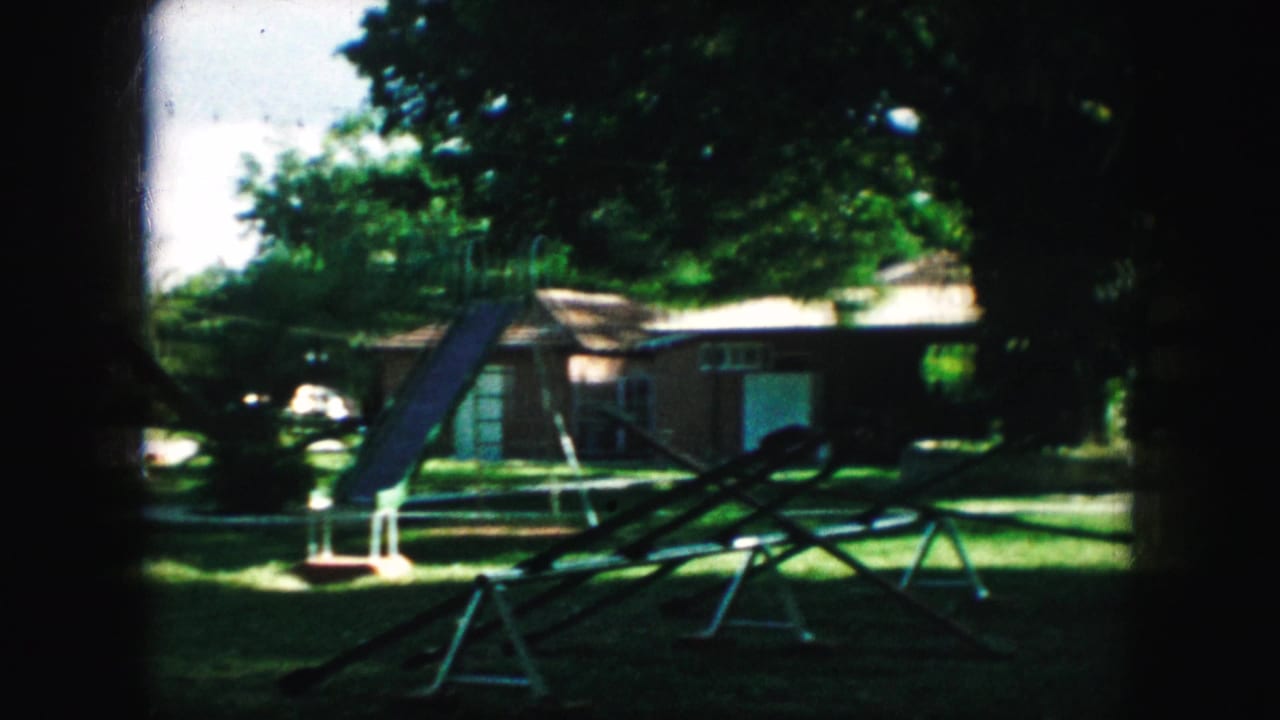 Shaded suburban yard with a house, slide, climbing frame, lawn, and trees.