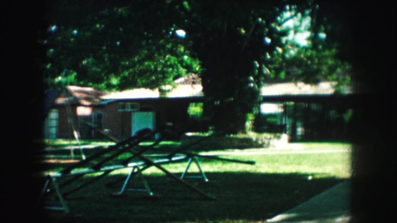 House exterior beyond a lawn, with play equipment and dense trees in the yard.