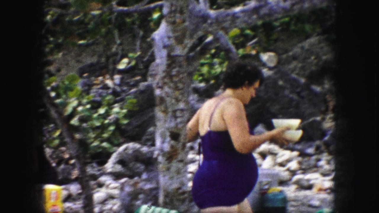 1959 Kansas City home-movie frame with a woman in a purple one-piece swimsuit carrying a container beside picnic supplies outdoors.