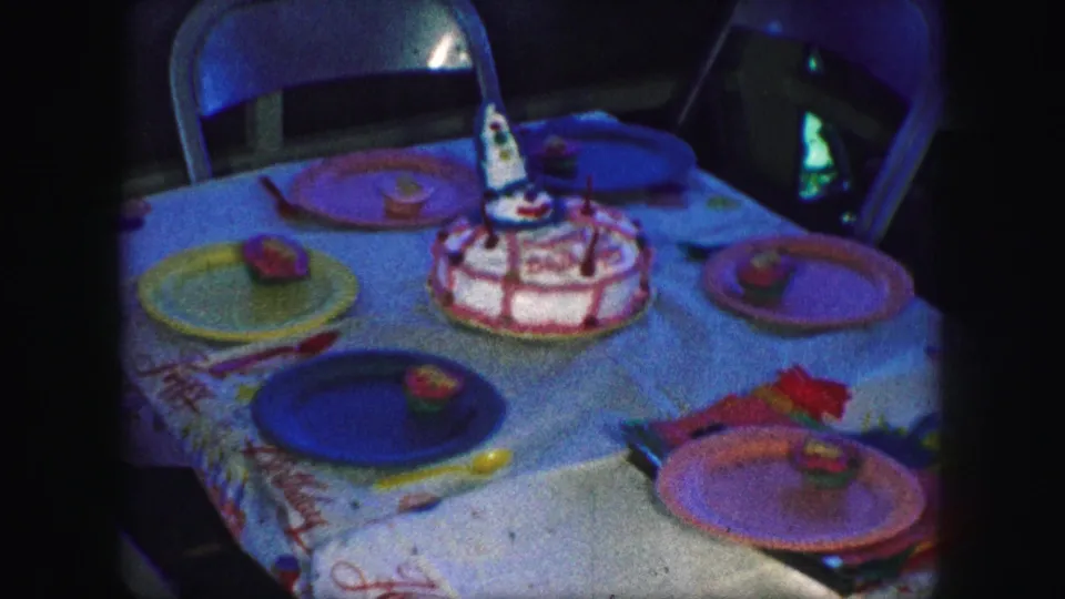 A dim indoor birthday table in the 1959 Kansas City home movie, set with paper plates, folding chairs, decorations, and a cake with candles.