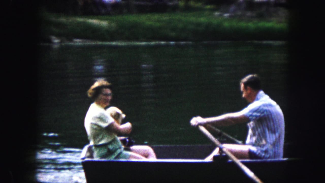 The man pulls an oar as the woman holds a small dog in a rowboat, with wooded shoreline behind them.