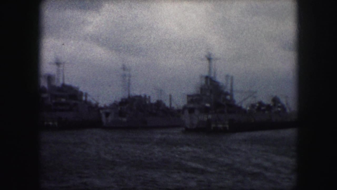 Darkened view of several docked ships with masts above rippled water.