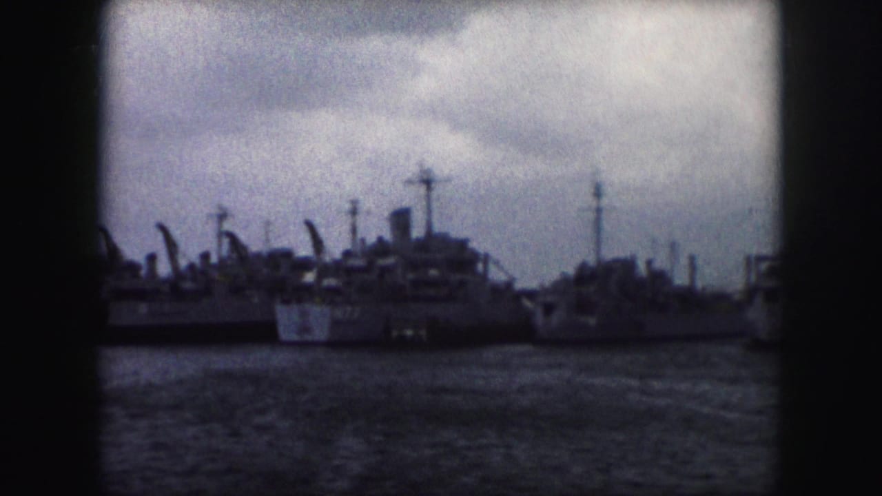 Wide 8mm frame of multiple military-style ships docked side by side, seen across water with cloudy sky overhead.