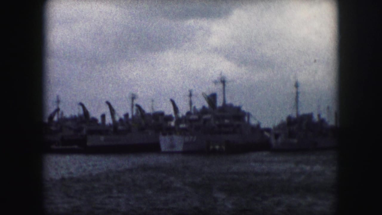 Distant docked naval vessels across water under a cloudy sky.
