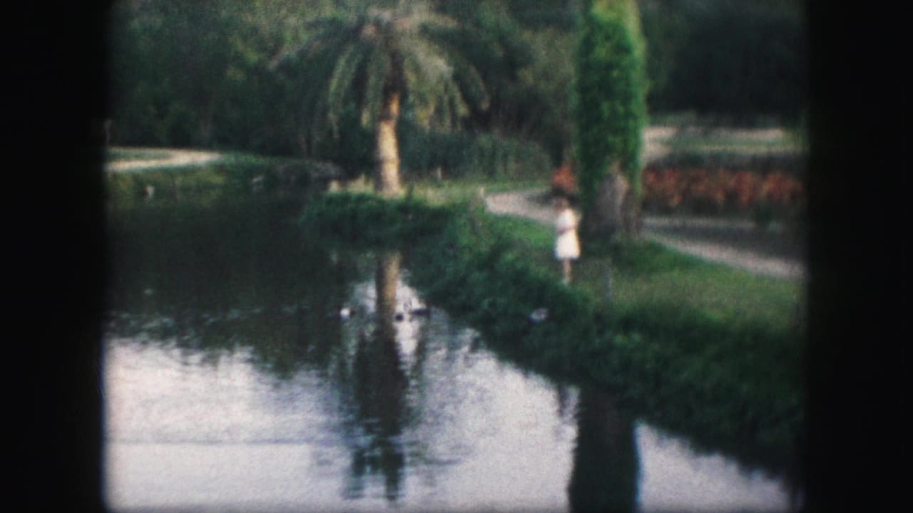 A person stands near a Kansas City park lake, with trees, plantings, and reflections visible in the 1959 8mm frame.