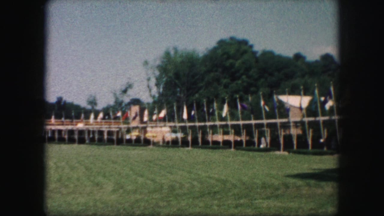 Flags on poles line the far side of a mowed field with trees behind them.