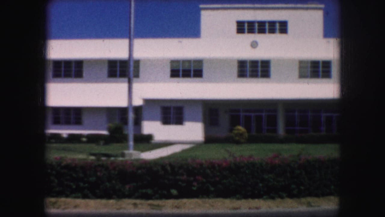 White building exterior with flagpole, lawn, hedges, and shaded entrance area.