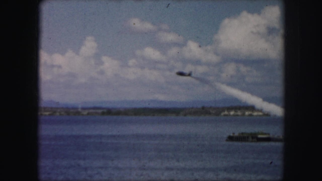 Dark aircraft leaving a white smoke trail over water near a distant shoreline.