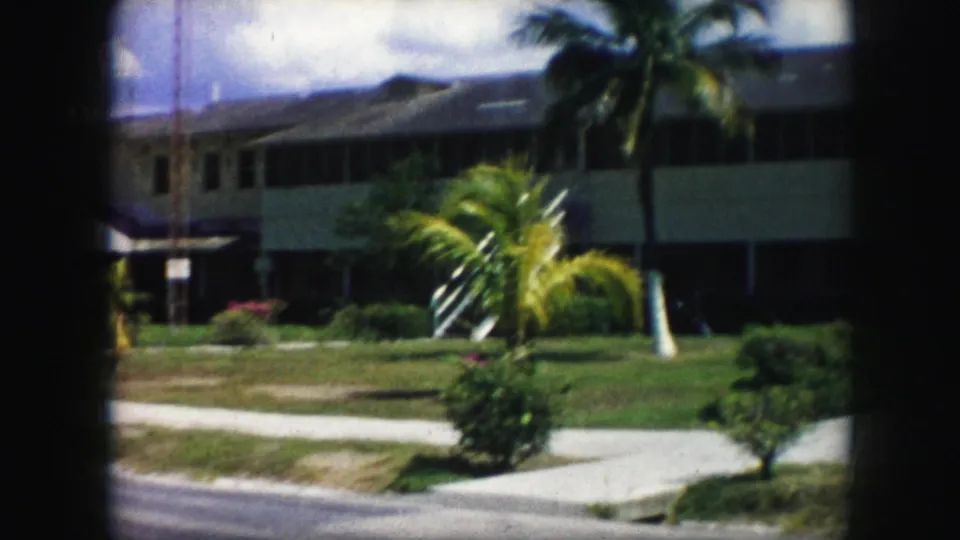 Late-frame view of the 1959 residential street, with a raised house facade, palms, small shrubs, lawn, sidewalk, and street edge.