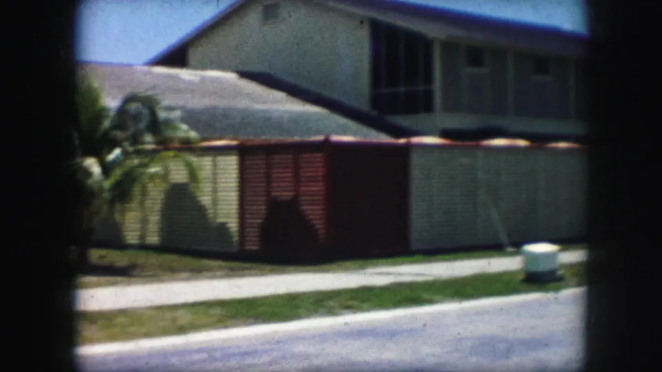 Final 1959 Kansas City frame shows the pan on palm fronds, sloped roof, wall panels, sidewalk, lawn, and residential street.