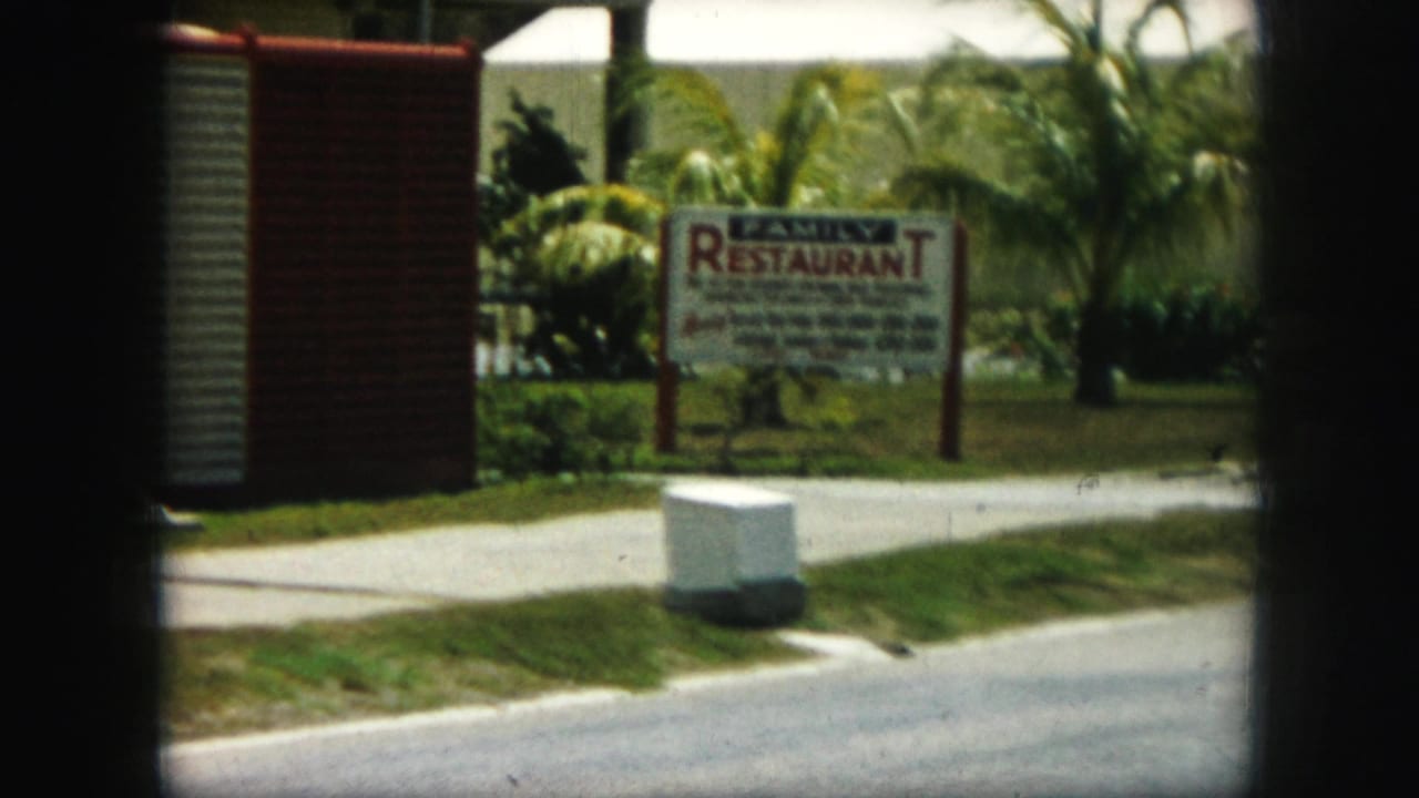 Roadside family restaurant sign beside a curb, grass, palm trees, and low buildings.