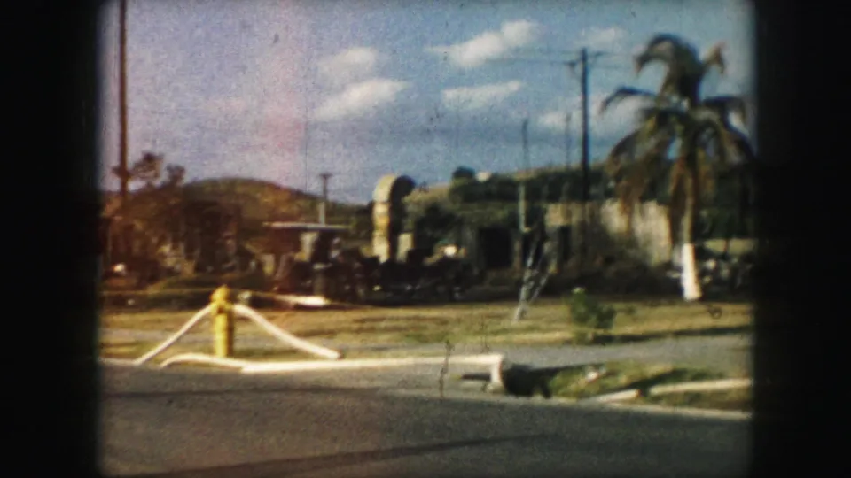 Kansas City street corner in 1959 with a yellow hydrant, palm trees, utility poles, low buildings, and a distant hillside.