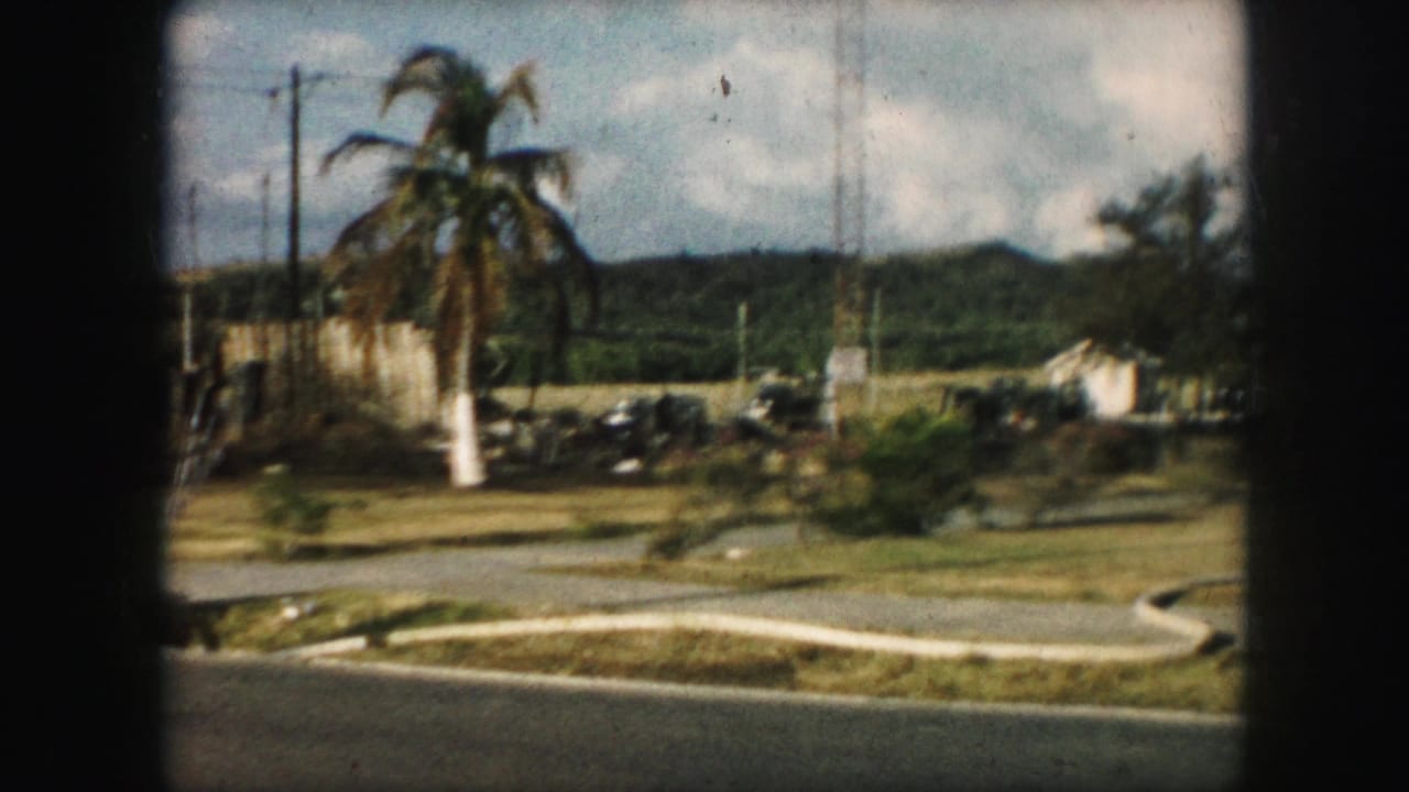 Roadside 1959 home-movie view with palm tree, low fencing, utility poles, grass, and hills under a partly cloudy sky.