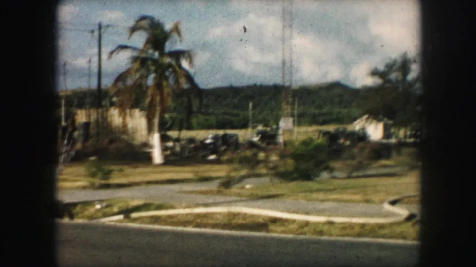Roadside 1959 home-movie view with palm tree, low fencing, utility poles, grass, and hills under a partly cloudy sky.