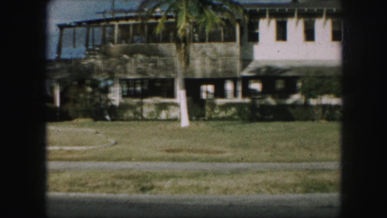 1959 8mm frame of a weathered exterior building, lawn, windows, and a palm tree in the supplied Kansas City clip.