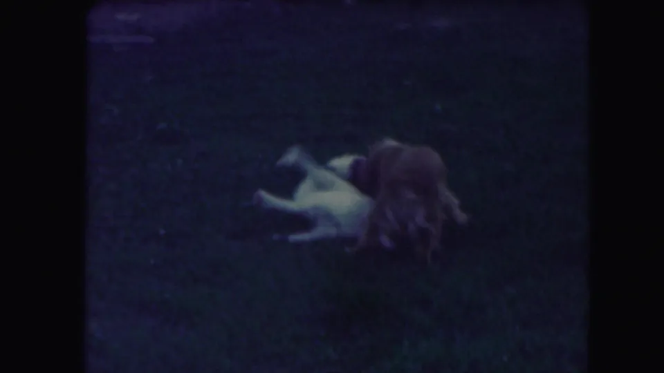 Two dogs appear to play or wrestle on a shaded grassy lawn in a soft, dark 8mm home-movie frame.