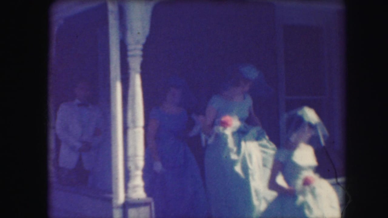 Wedding party standing on a porch with bridesmaids in blue and bouquets.