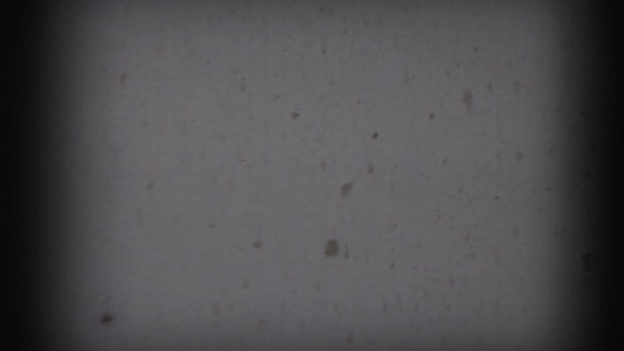 Dim opening frame from a 1959 8mm home movie, showing mostly dark gate shadow and a faint wall surface.