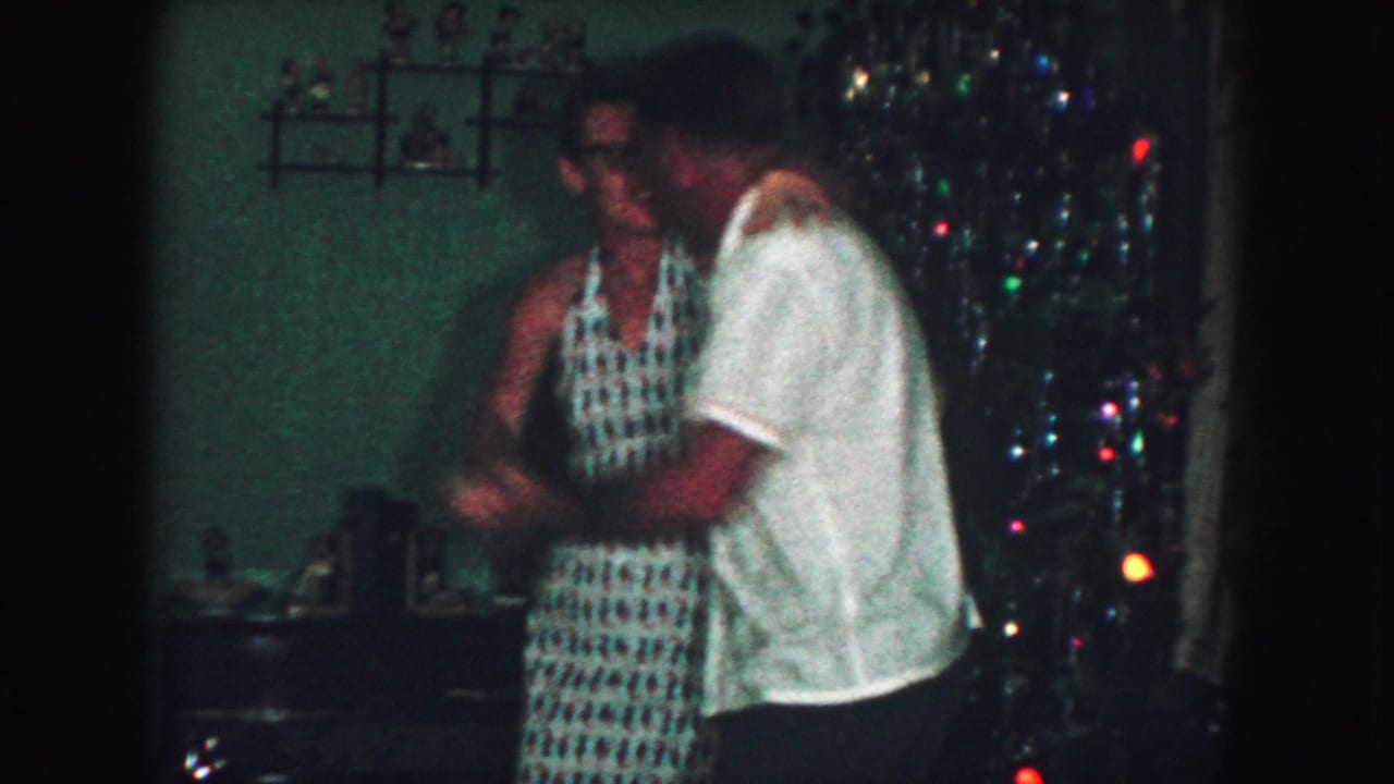 Couple facing each other while dancing near Christmas tree lights.