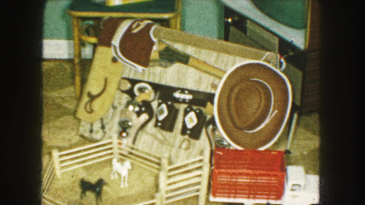 Toy cowboy hat, miniature corral, animal figures, and Western accessories on the floor.