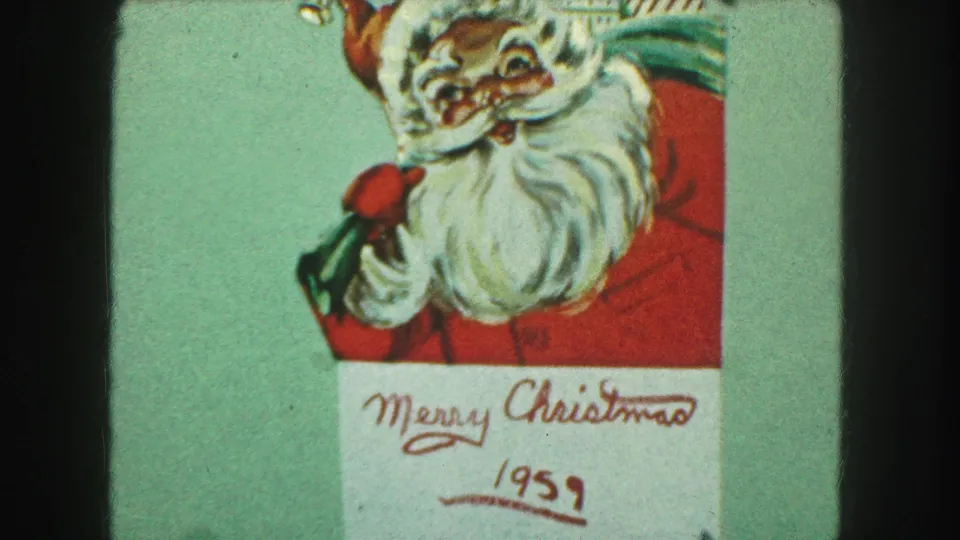 Finished 1959 Christmas greeting card detail with Santa above red cursive text and the completed underlined date.