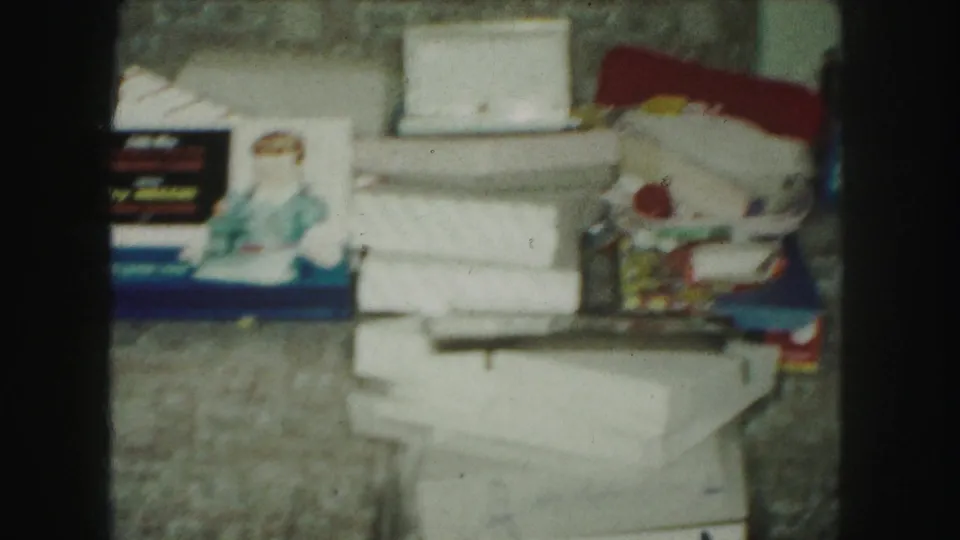 1959 Kansas City home-movie frame showing a partial doll display, stacked boxes, red fabric, and unwrapped gifts in a private interior.