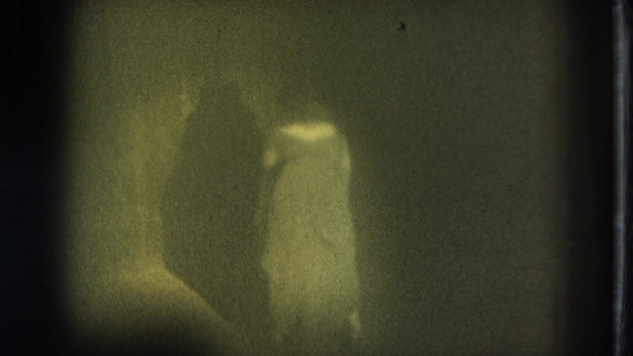 Adult woman in underwear appears in a dim, green-tinted 1975 San Francisco 8mm frame.