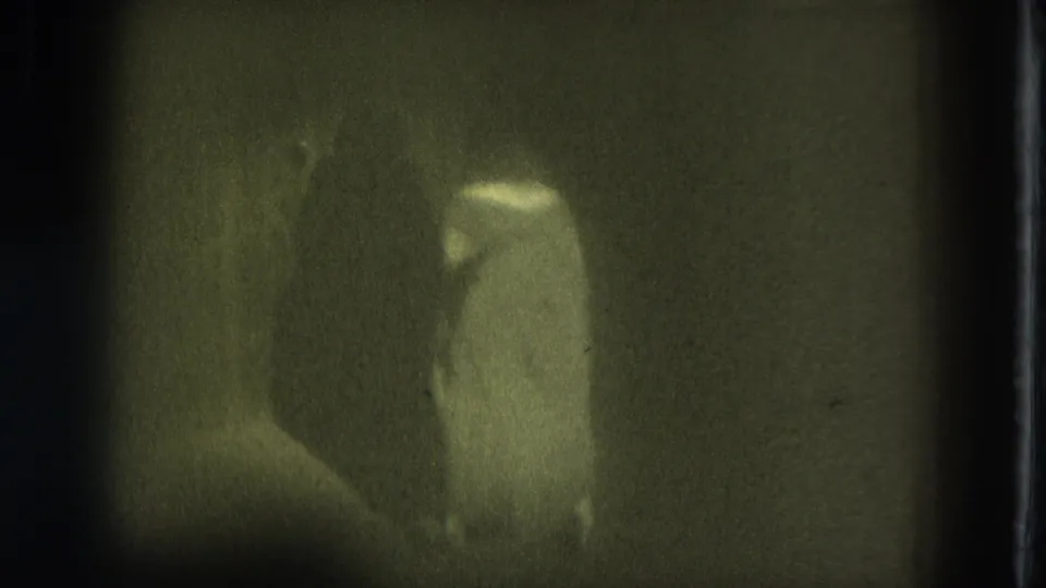 Adult woman in light underwear is partly turned in a dim 8mm home-movie frame from San Francisco, 1975.
