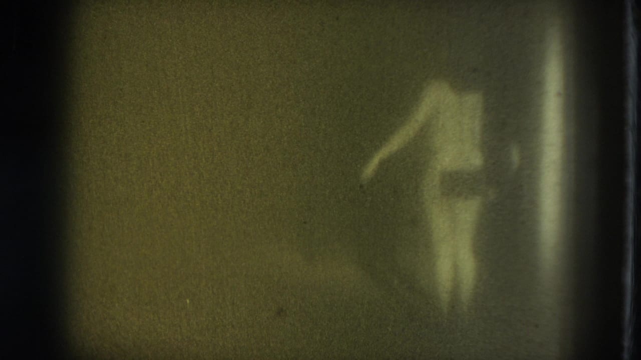 A dim 8mm frame shows a nude adult woman partially obscured by shadow or translucent material, with one arm extended.