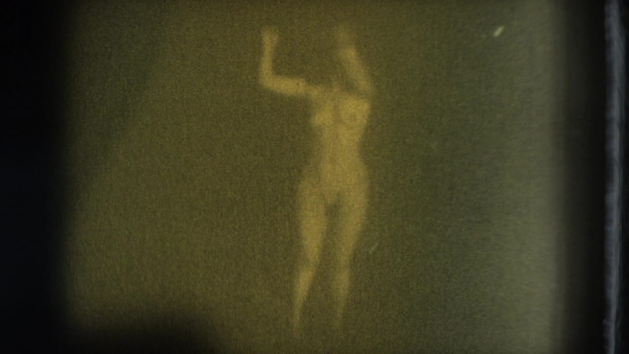 Soft-focus nude adult woman standing against a dark background.
