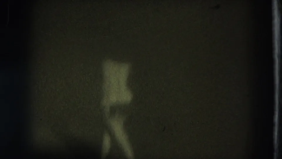 Final 1975 San Francisco 8mm frame with the woman turning partly sideways, her body reduced to a dark soft silhouette.
