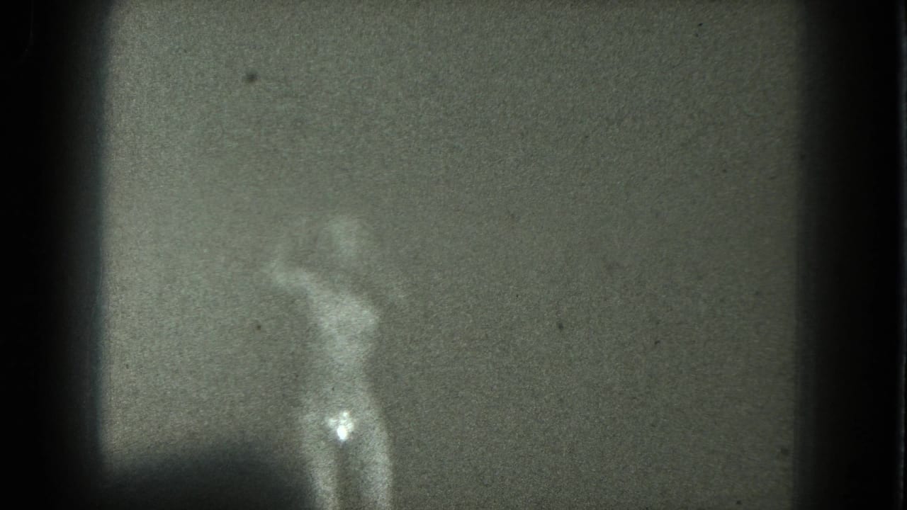 Grainy 1975 8mm frame from San Francisco showing a nude adult woman in heels posed in profile before a plain backdrop.
