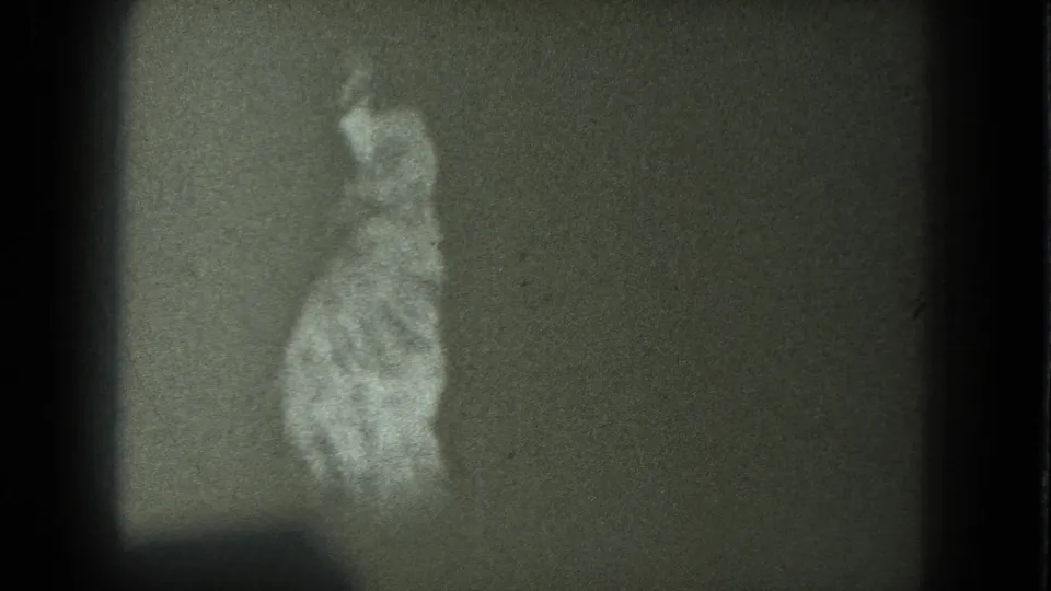 Adult woman in a pale robe-like garment stands against a plain wall in soft, grainy 8mm footage.