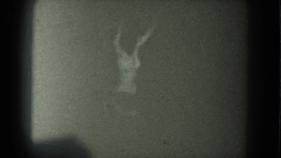 In the low-exposure 1975 San Francisco 8mm frame, a performer is partly visible with an arm raised against a dark interior background.