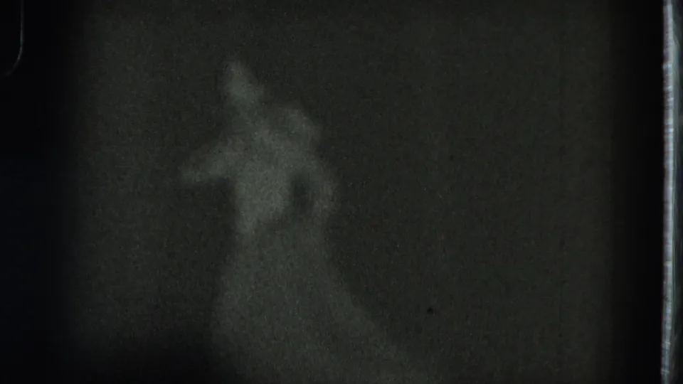 Grainy black-and-white 8mm frame from the San Francisco clip showing a blurred dancer-like figure with raised arms.