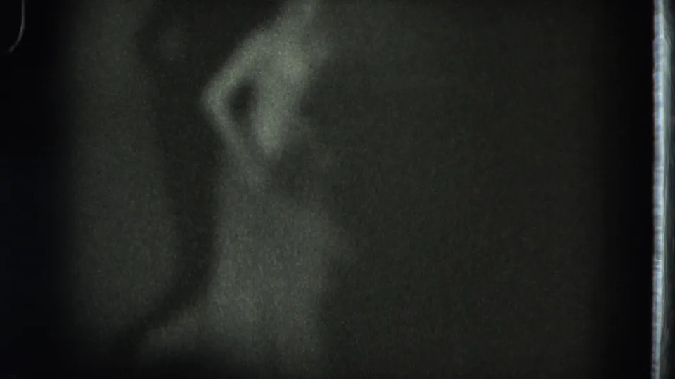 Black-and-white 1975 San Francisco frame showing a blurred adult figure bending or turning during a private dance.