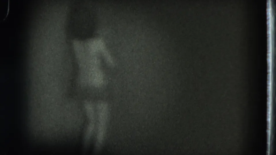 Dim 1975 San Francisco 8mm frame showing a blurred adult figure from behind against a dark interior background.